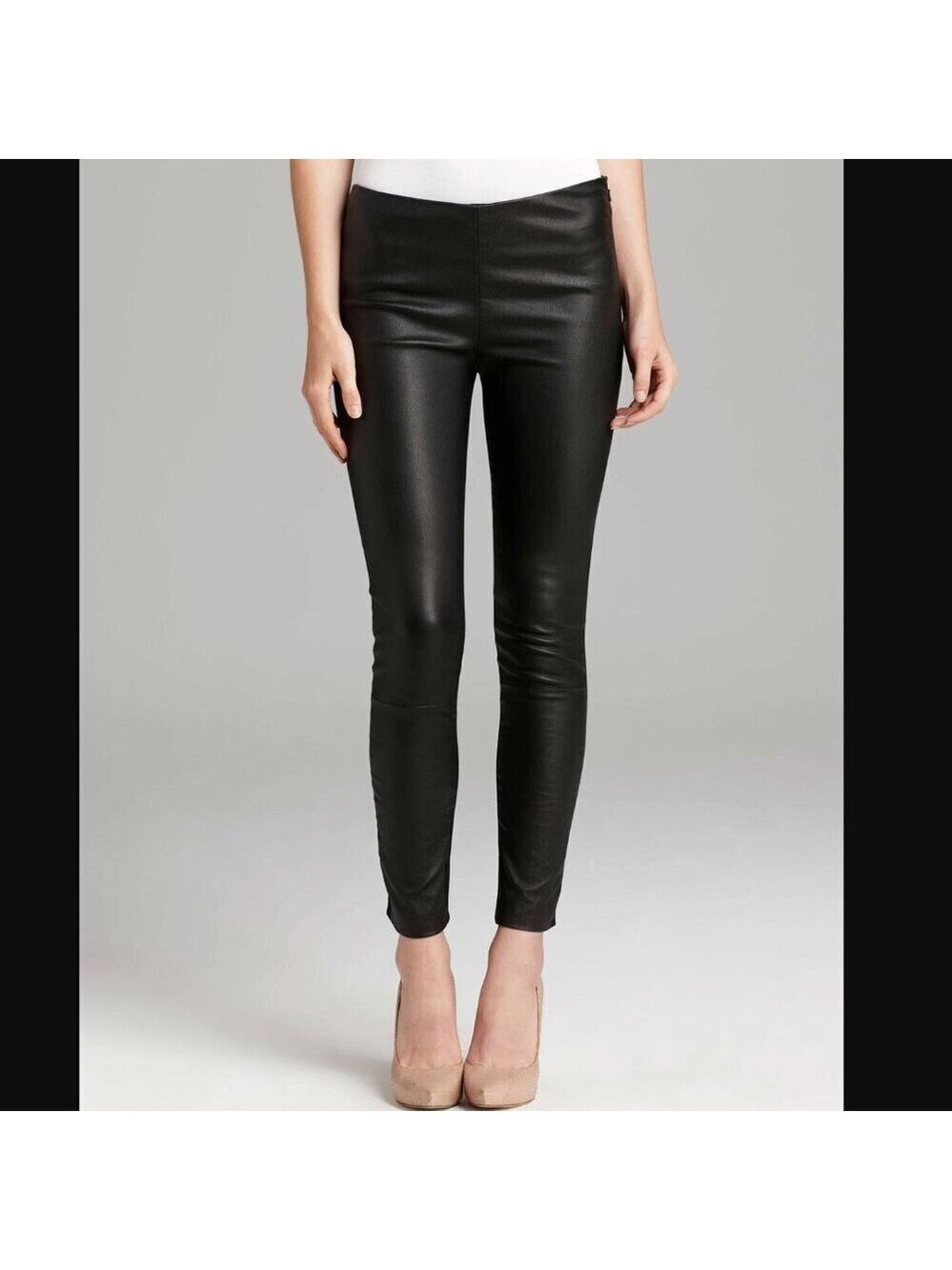 Catherine Malandrino Skinny Fit Stretch Black 100% Lamb Leather Leggings Size 6